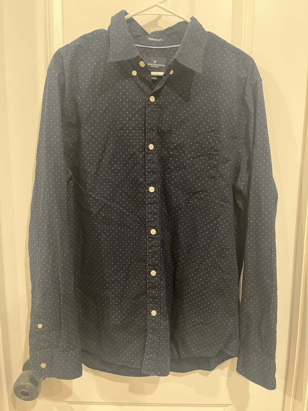 American Eagle Men's Seriously Soft Navy Blue Long Sleeve Button-Down Shirt